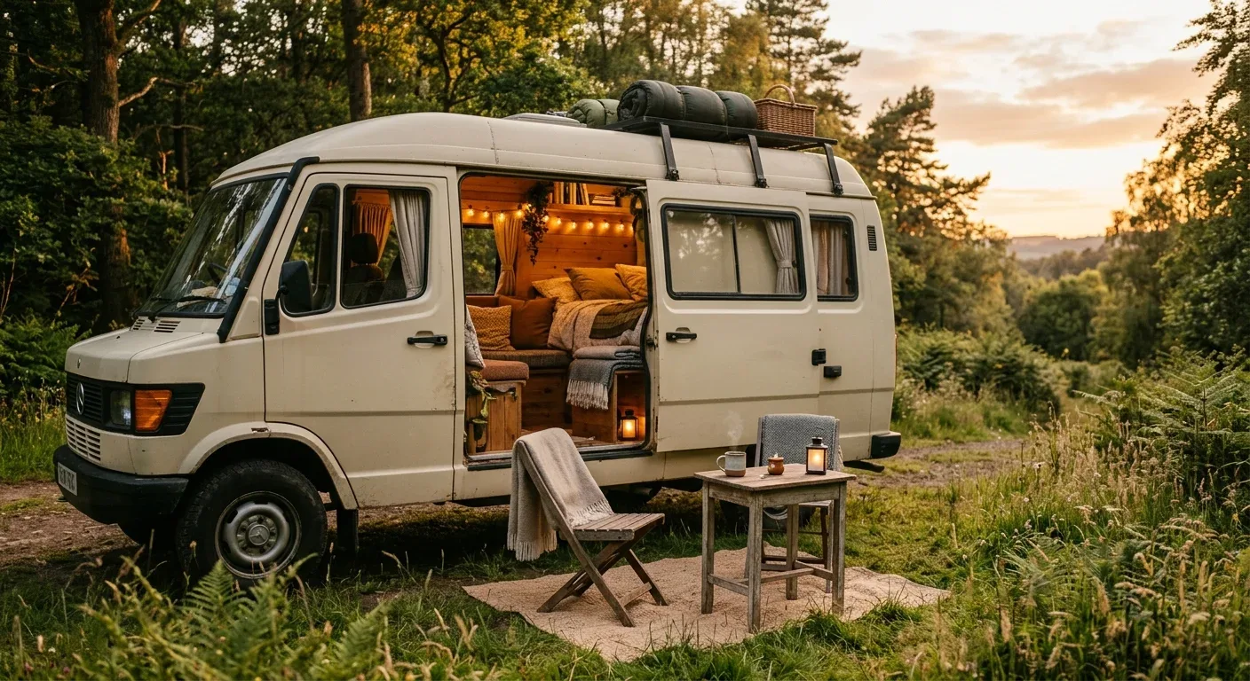 Gemütlicher Campervan im warmen Abendlicht – sicher verkabelt reist es sich einfach entspannter.