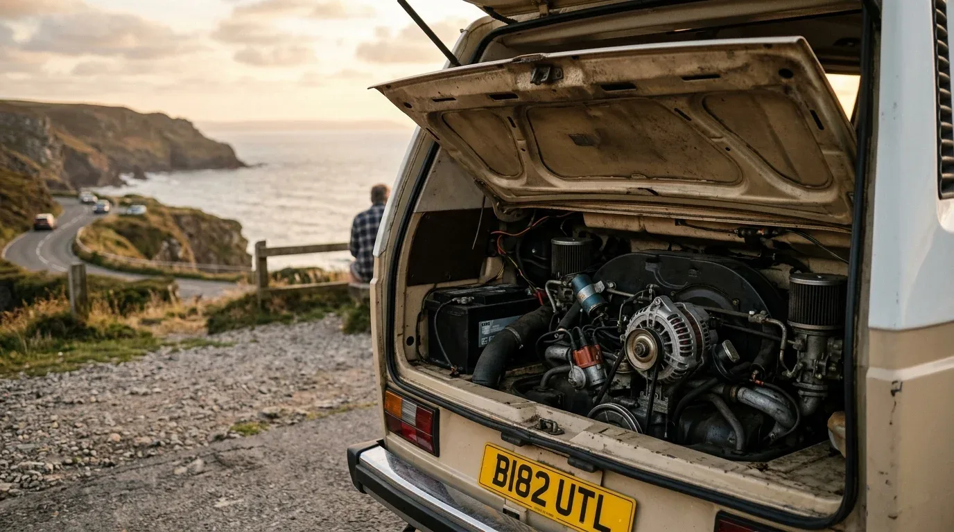 Der geöffnete Motorraum eines klassischen Vans an der Küste