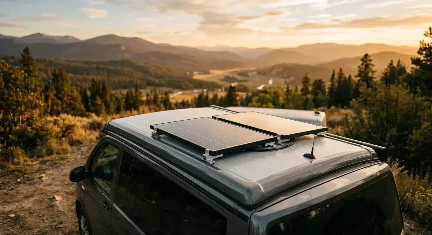 Zwei Solarmodule auf einem Camper-Dach im warmen Abendlicht