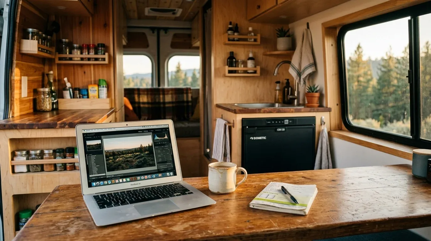Gemütlicher Camper-Innenraum mit Laptop auf dem Tisch und Blick auf die Küchenzeile mit Kompressorkühlschrank